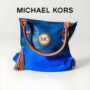 MICHAEL KORS DUOTONE BLUE AND TAN LARGE SHOULDER HANDBAG